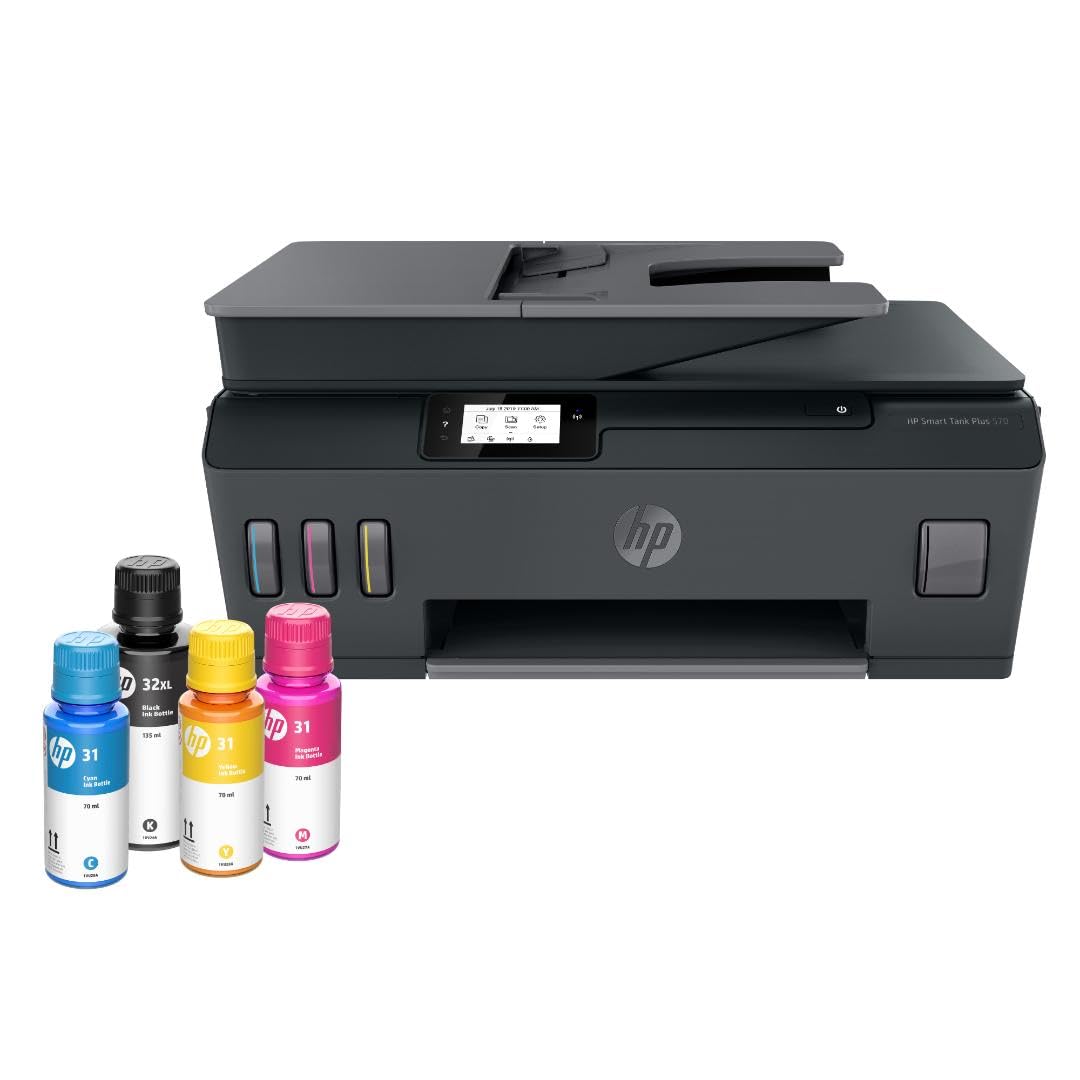HP Smart Tank Plus 570 front view showing compact all‑in‑one design and paper tray for reliable printing