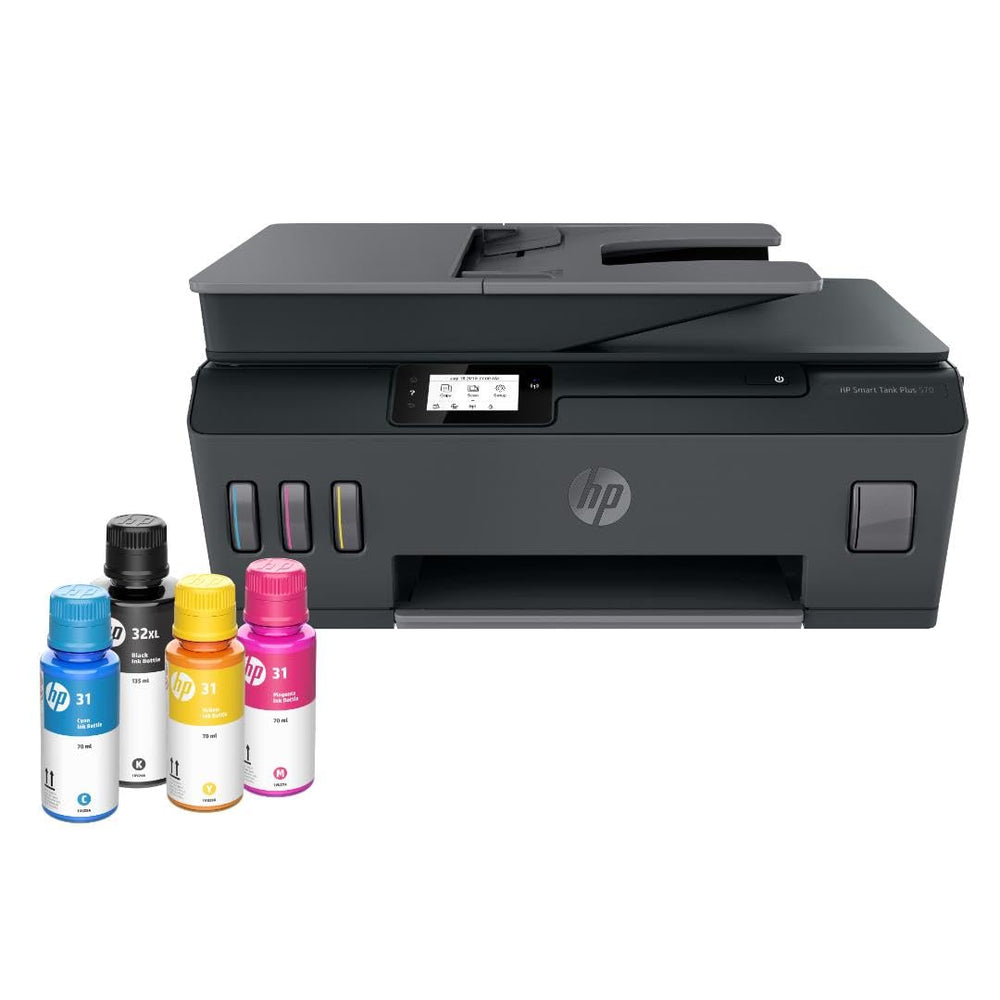 HP Smart Tank Plus 570 front view showing compact all‑in‑one design and paper tray for reliable printing