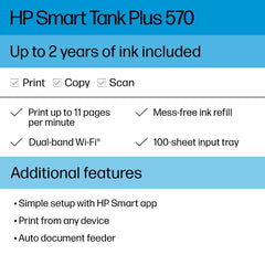 HP Smart Tank Plus 570 ink tank closeup showing transparent reservoirs for quick level checks and savings