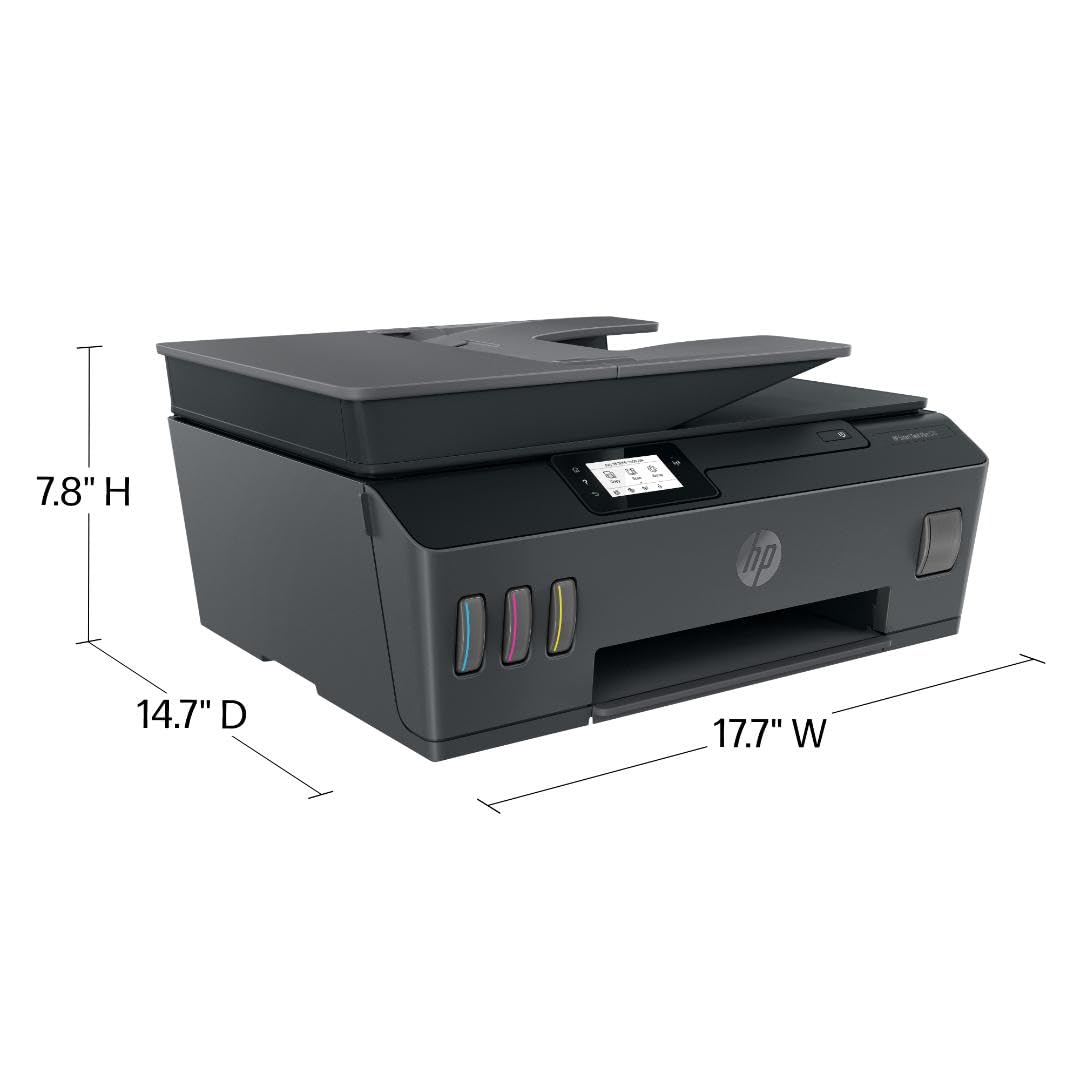 HP Smart Tank Plus 570 output tray with color pages illustrating consistent everyday print quality