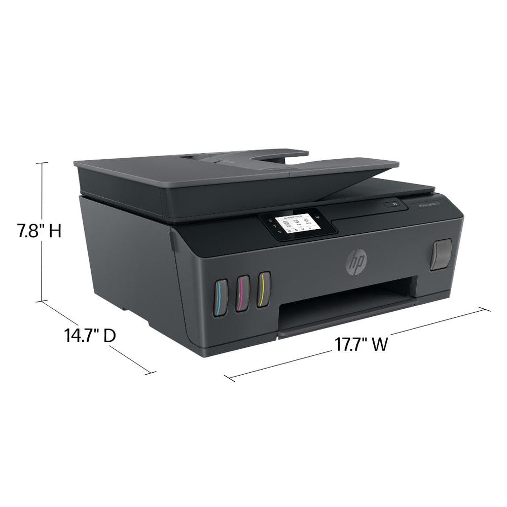 HP Smart Tank Plus 570 output tray with color pages illustrating consistent everyday print quality