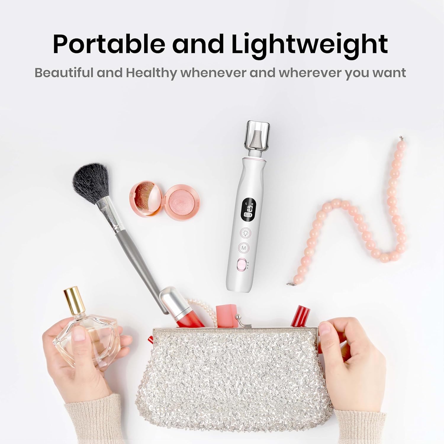 HSKAI shown in hand for scale to illustrate portable size and travel-friendly benefit