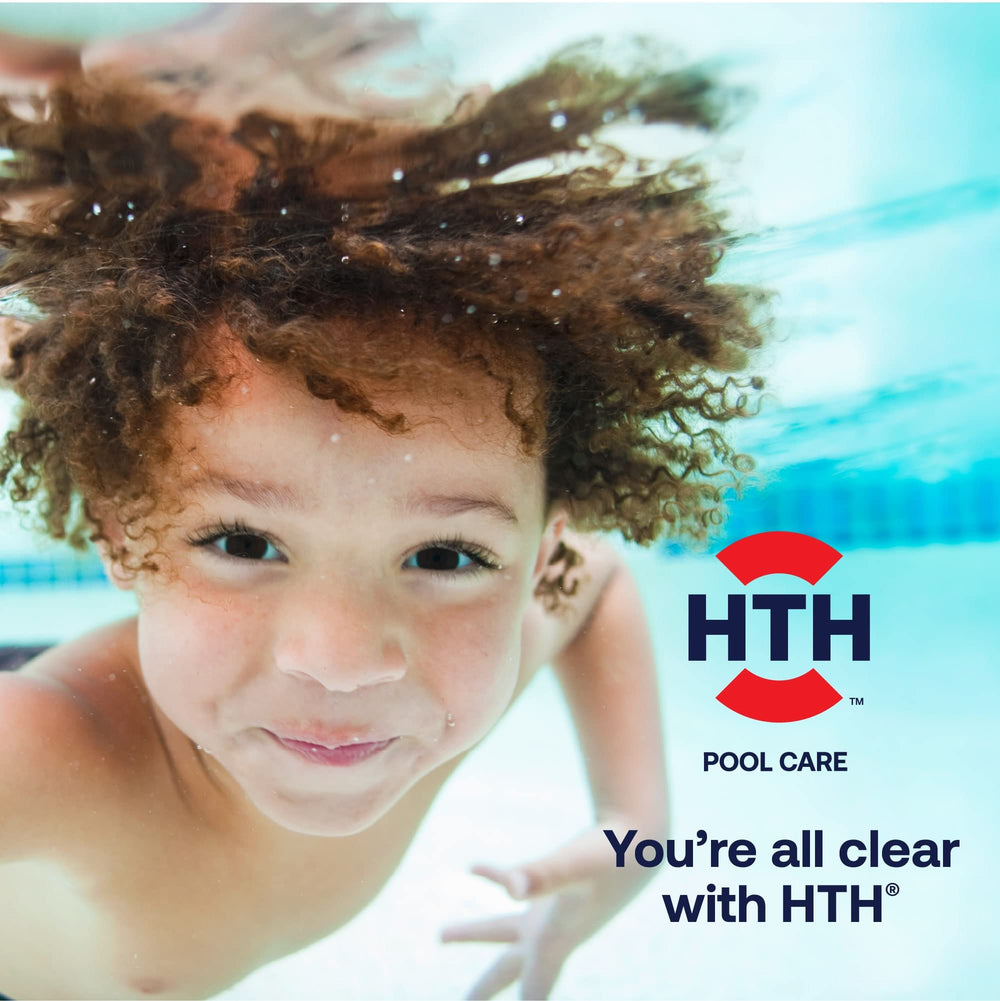 HTH bag on pool deck in lifestyle scene conveying extended chlorine life and easier upkeep