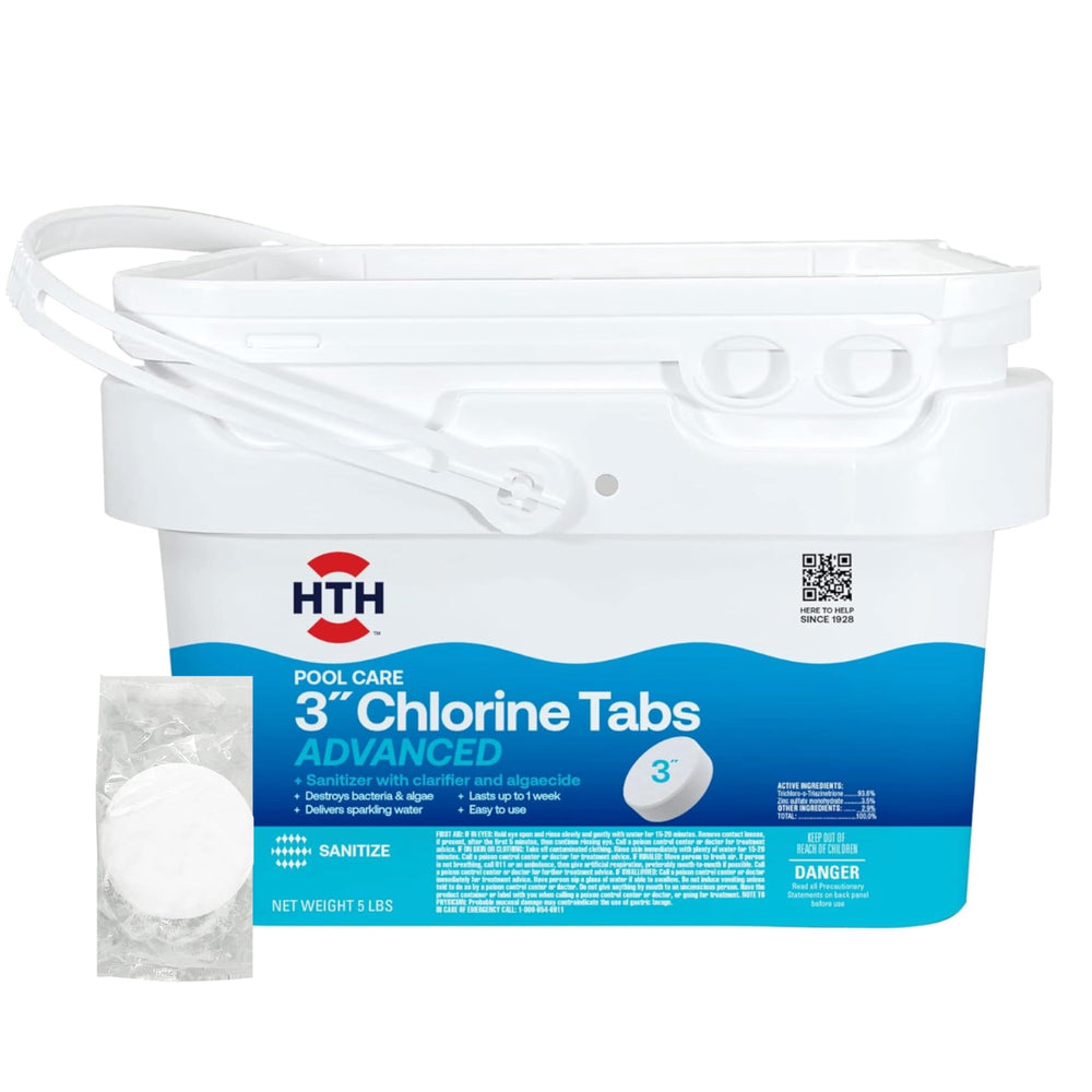 HTH front packaging showing 5 lb container and product benefits