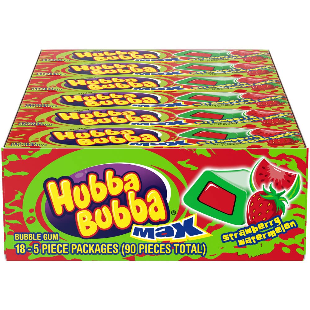 Hubba Bubba five unwrapped pieces laid out, ready to chew