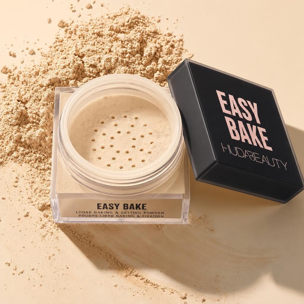 Huda Pound Cake loose powder texture close-up, fine-milled finish for smooth application