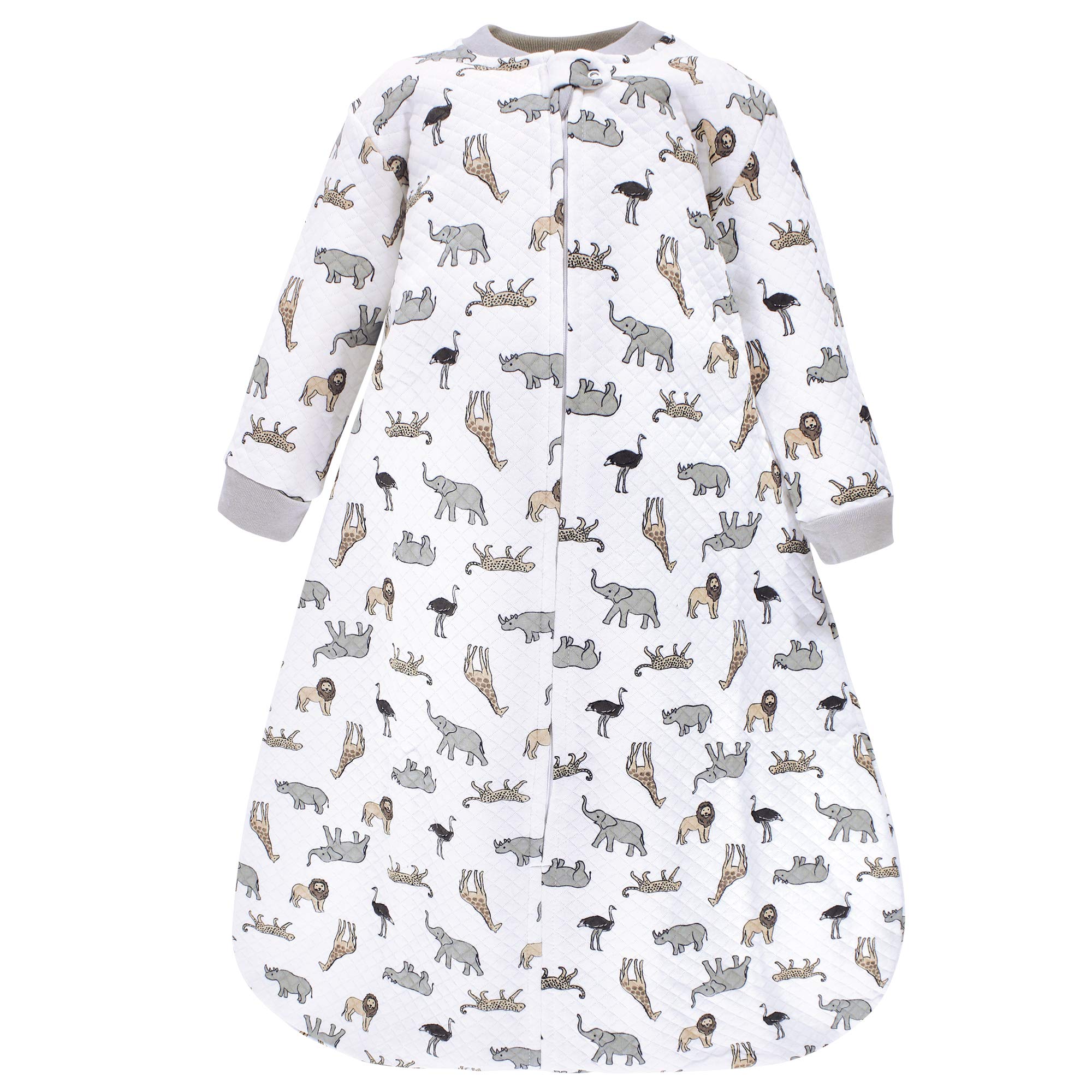 Hudson Baby front view of sleeping bag showing neutral safari print and easy zipper benefit