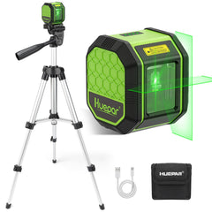 Huepar front view of laser level showing cross lines and solid alignment benefit