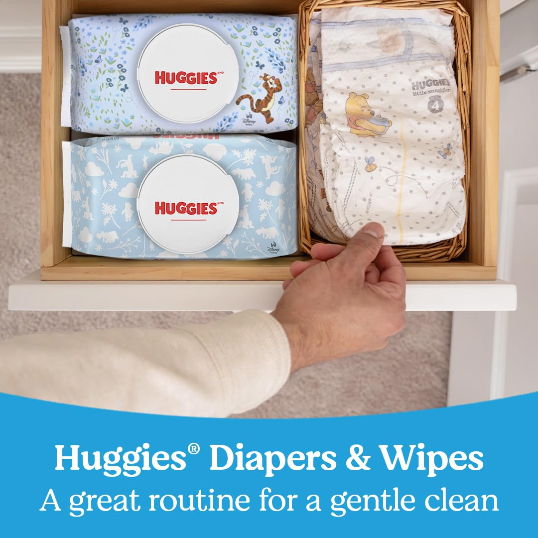 HUGGIES wipes at changing table in lifestyle scene showing effortless cleanup