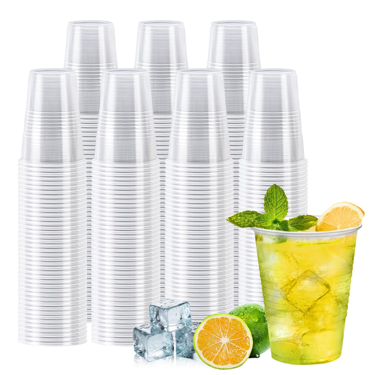 Huifany front view of 600-pack clear 7 oz cups showing bulk supply and convenience