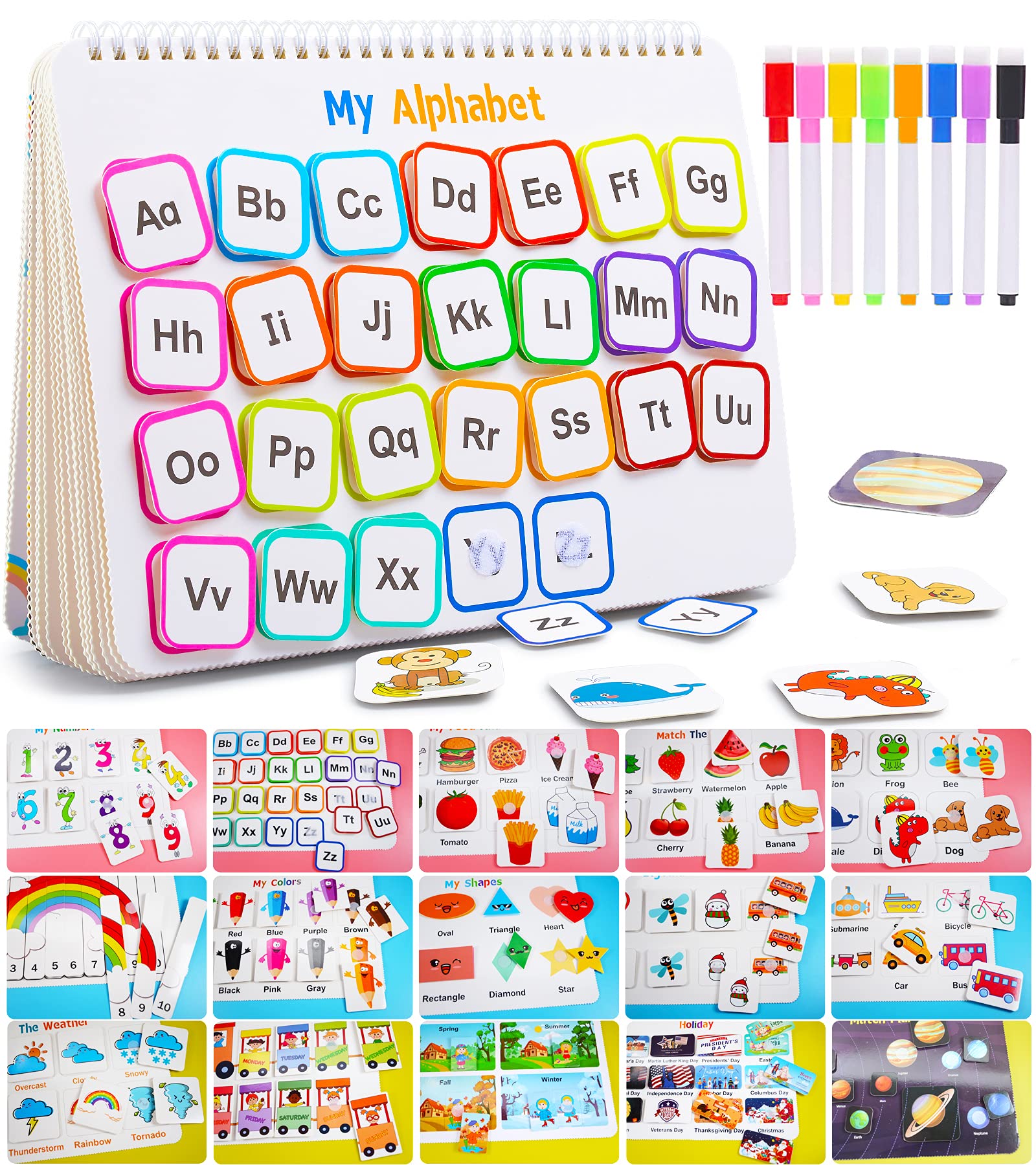 Huijing front cover of busy book showing colorful themes and durable binder benefits