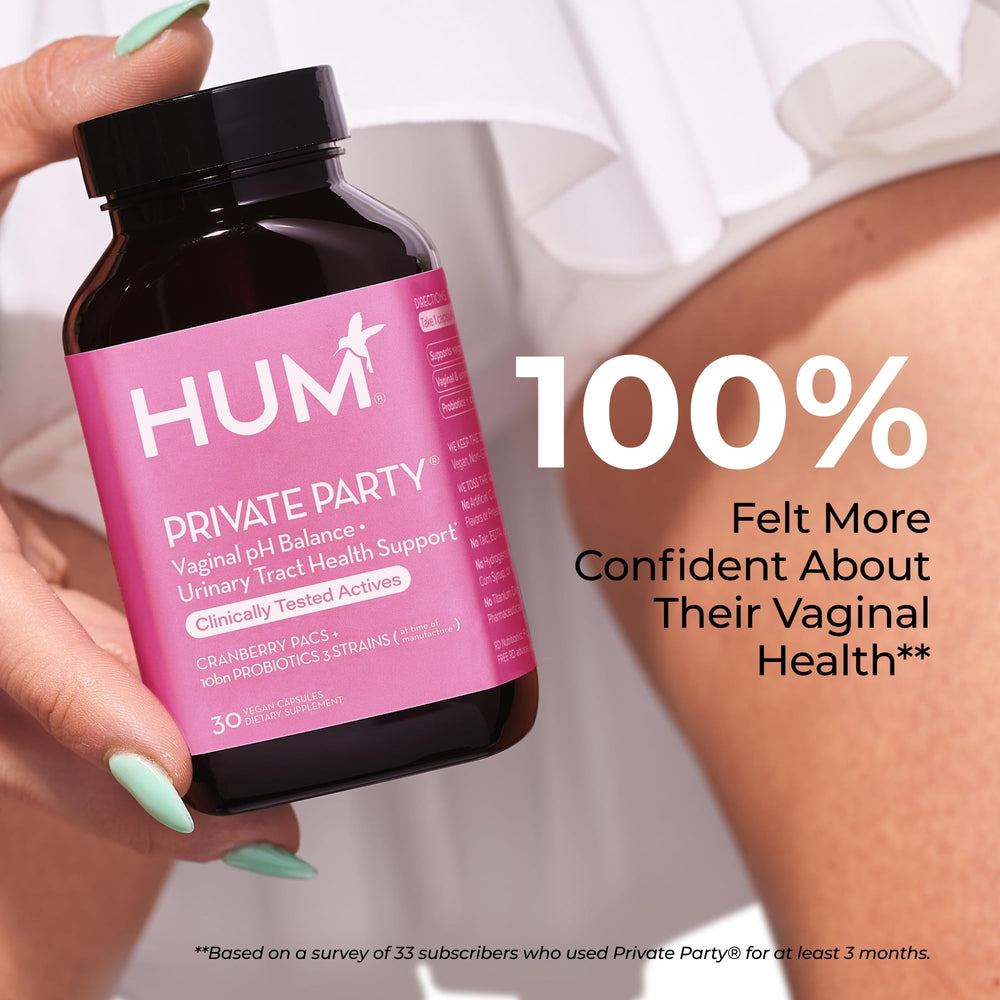 HUM Private Party ingredient label close-up showing probiotic strains and cranberry