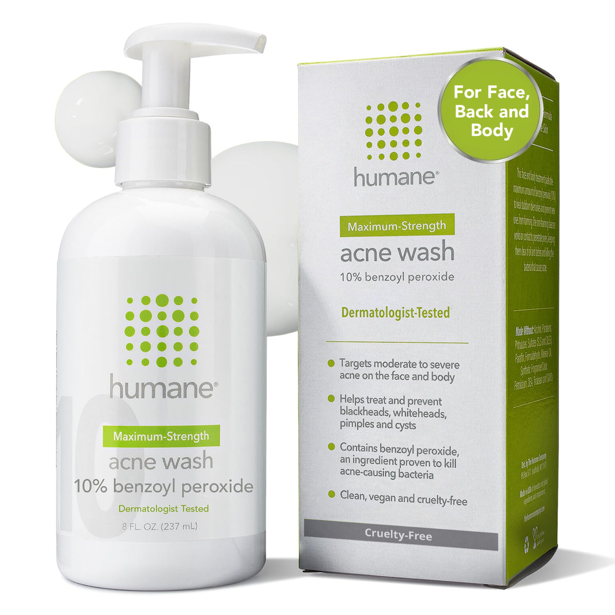 humane bottle front view showing label and acne wash benefits