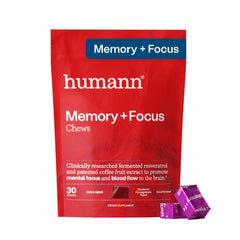 HumanN front packaging of Memory + Focus Chews showing product identity and benefit