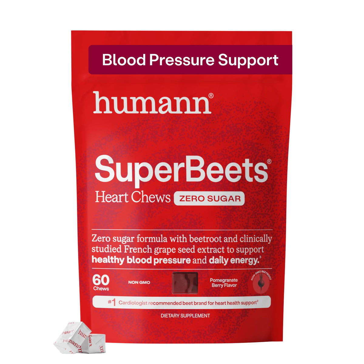 HumanN front packaging of SuperBeets Heart Chews showing label and pomegranate berry flavor benefits
