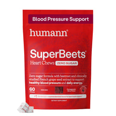HumanN front packaging of SuperBeets Heart Chews showing label and pomegranate berry flavor benefits