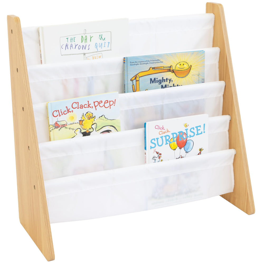 Humble Crew front view of bookshelf showing easy book access for toddlers