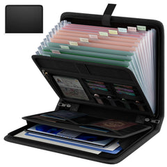 Huolewa front view of expanded fireproof folder showing neat organization and portability