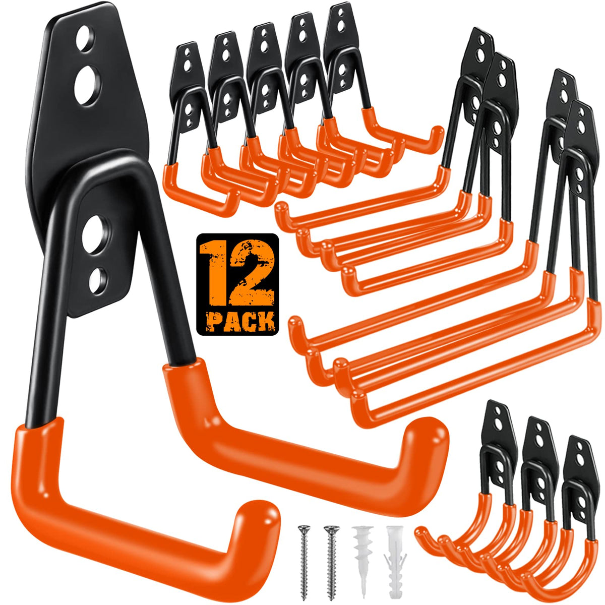 HUPBIPY front package of 12 heavy duty garage hooks showing kit contents and benefits