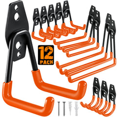 HUPBIPY front package of 12 heavy duty garage hooks showing kit contents and benefits