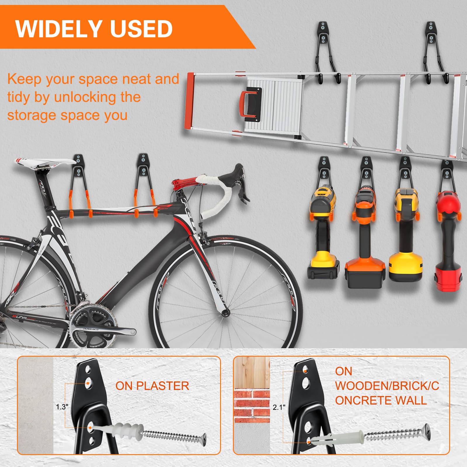 HUPBIPY hooks holding rakes and shovels to free garage floor space