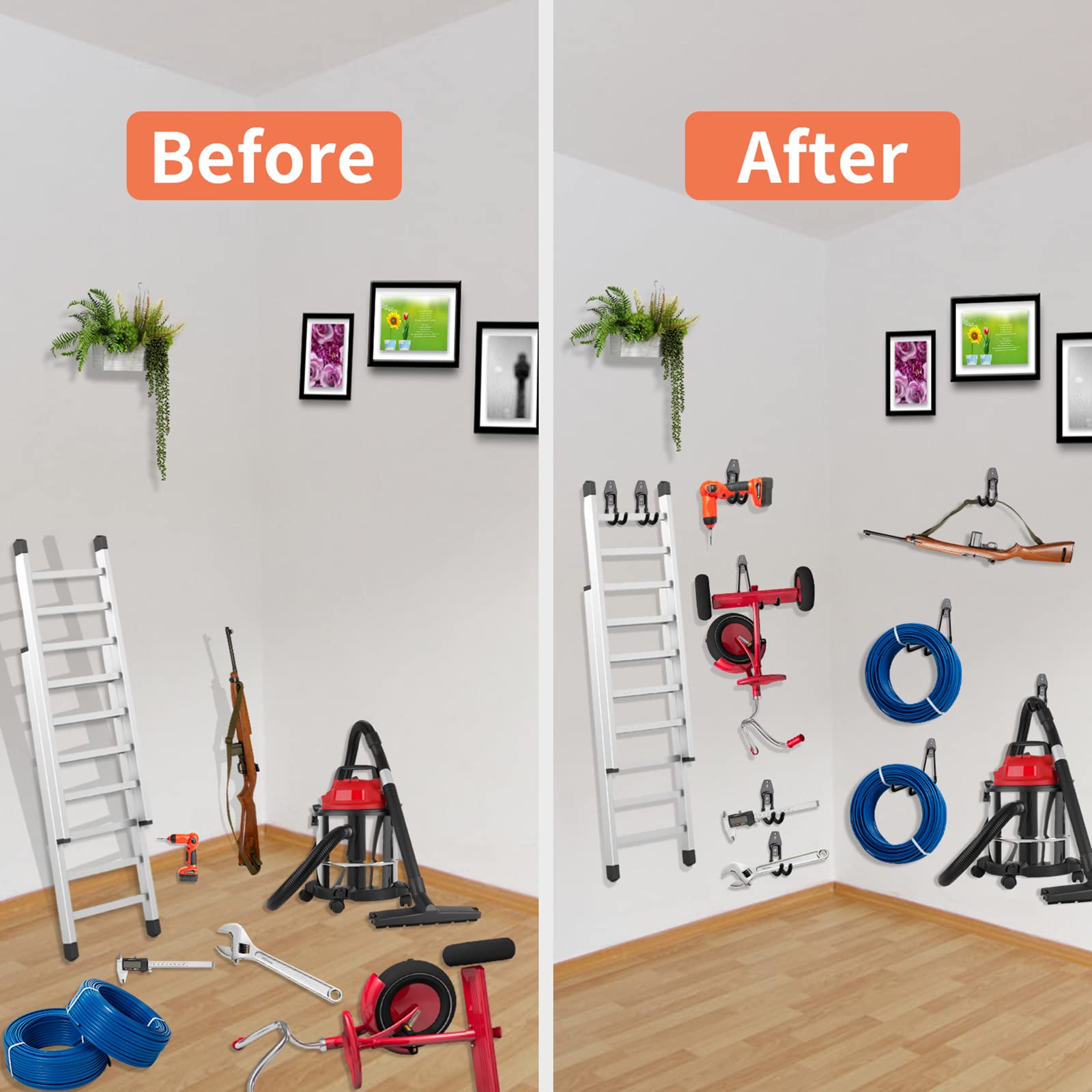 HUPBIPY mounted hooks showing different sizes for organized storage options