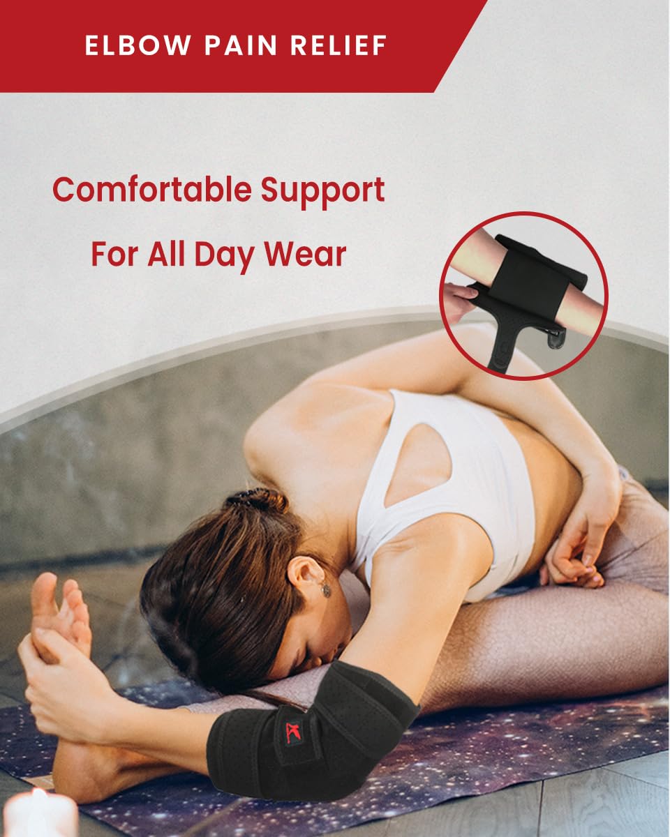 Hurmoya elbow brace straps detail showing adjustable three-strap compression