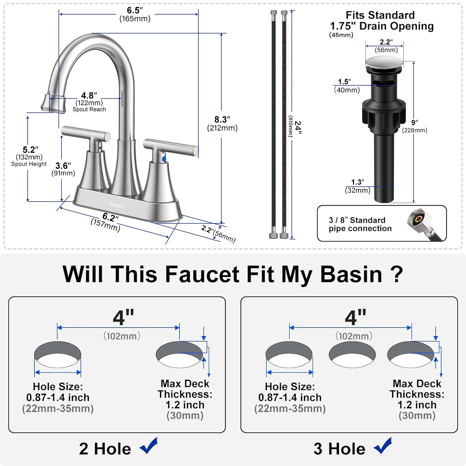 Hurran close-up of spout aerator highlighting 1.2 gpm water-saving performance