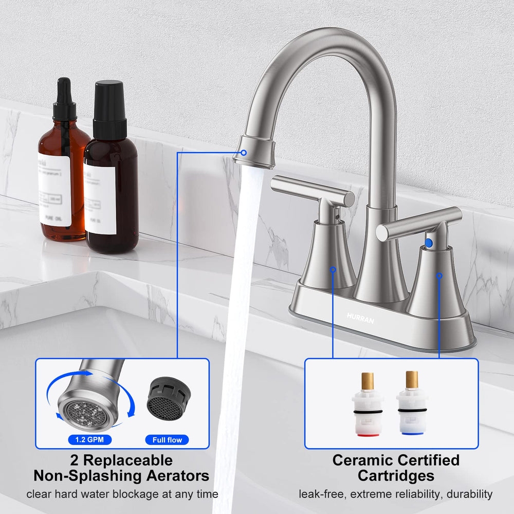 Hurran faucet installed in a bathroom sink demonstrating space-saving swivel spout benefit