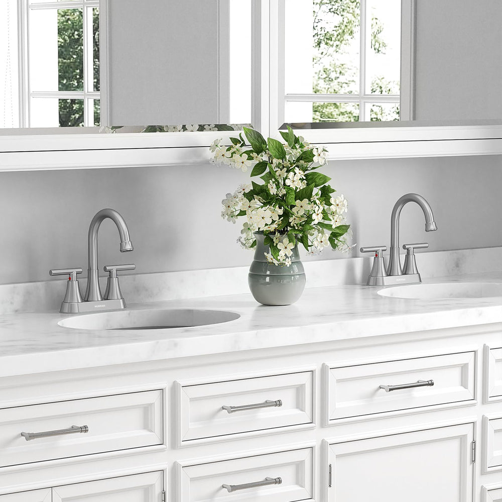 Hurran faucet next to ruler showing spout reach and height for fit and clearance benefit
