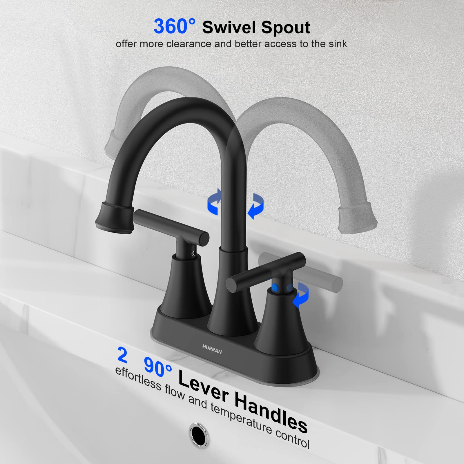 Hurran matte black close-up of spout showing swivel action and smooth flow