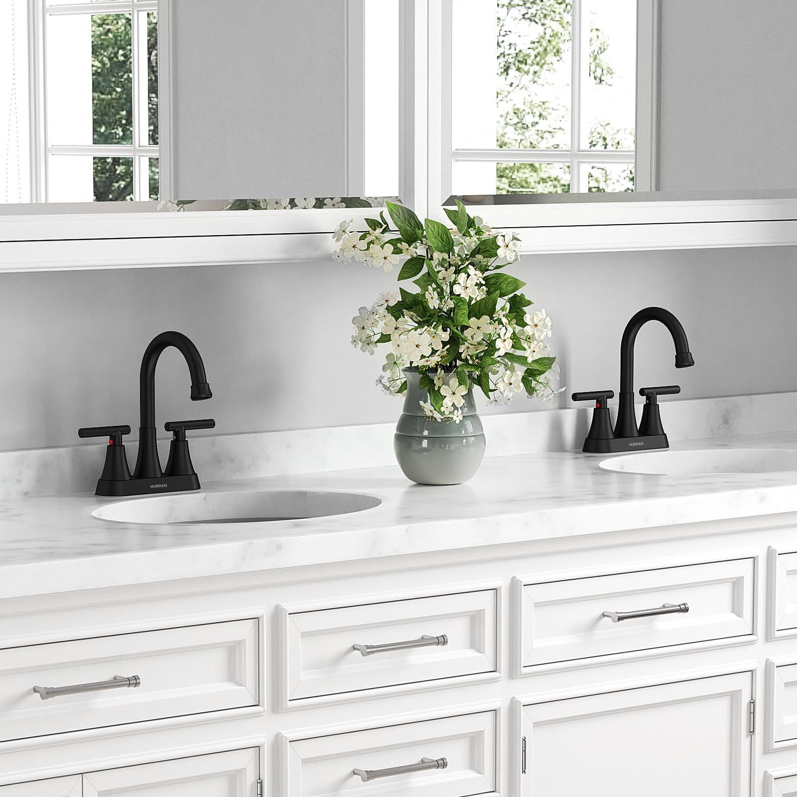 Hurran matte black faucet installed in bathroom sink showing stylish functionality