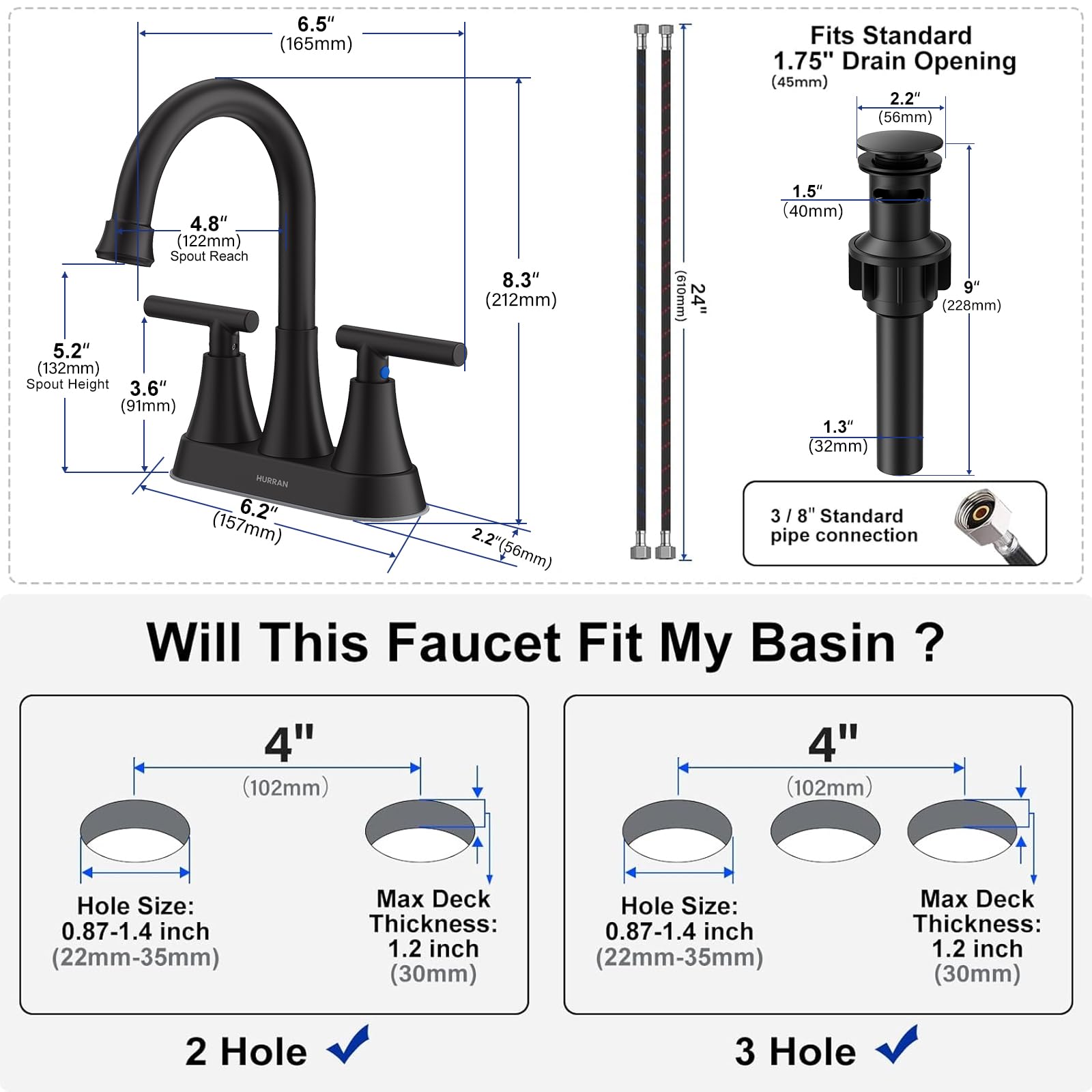 Hurran matte black matching pop-up drain included for neat sink drainage