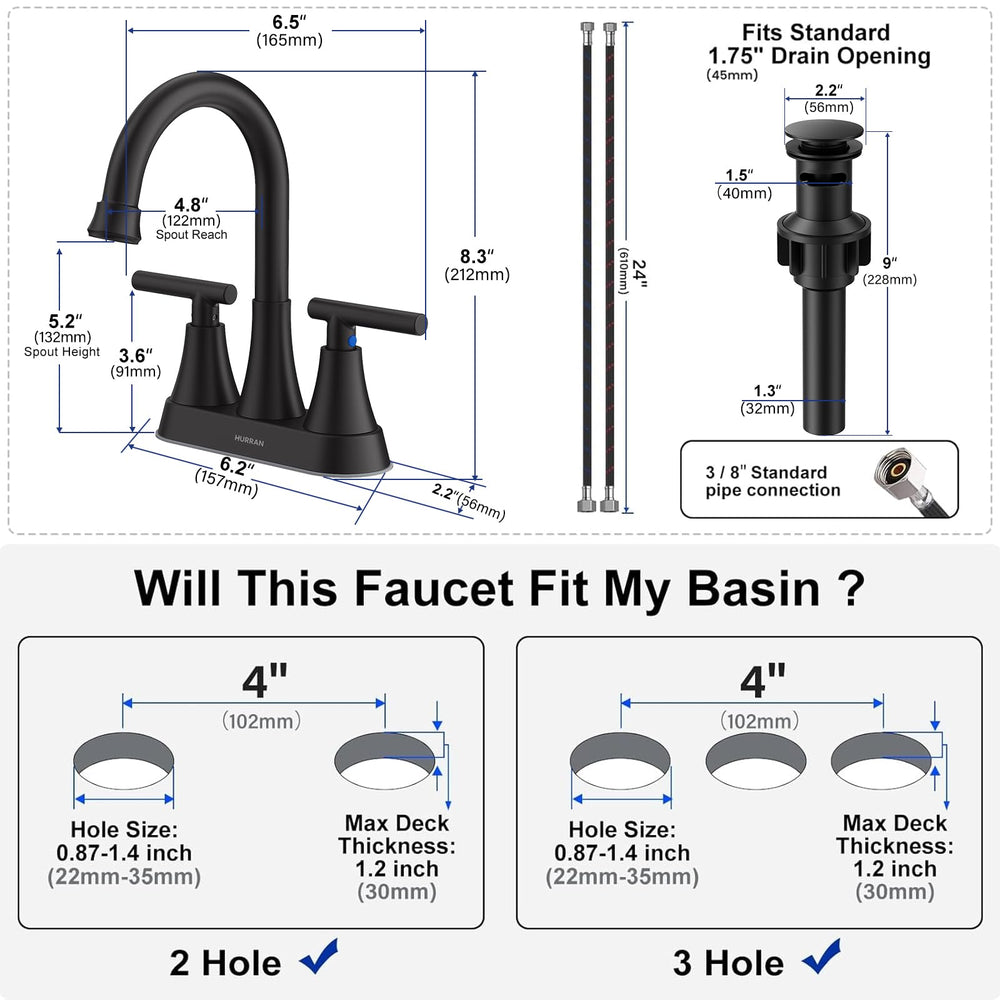 Hurran matte black matching pop-up drain included for neat sink drainage