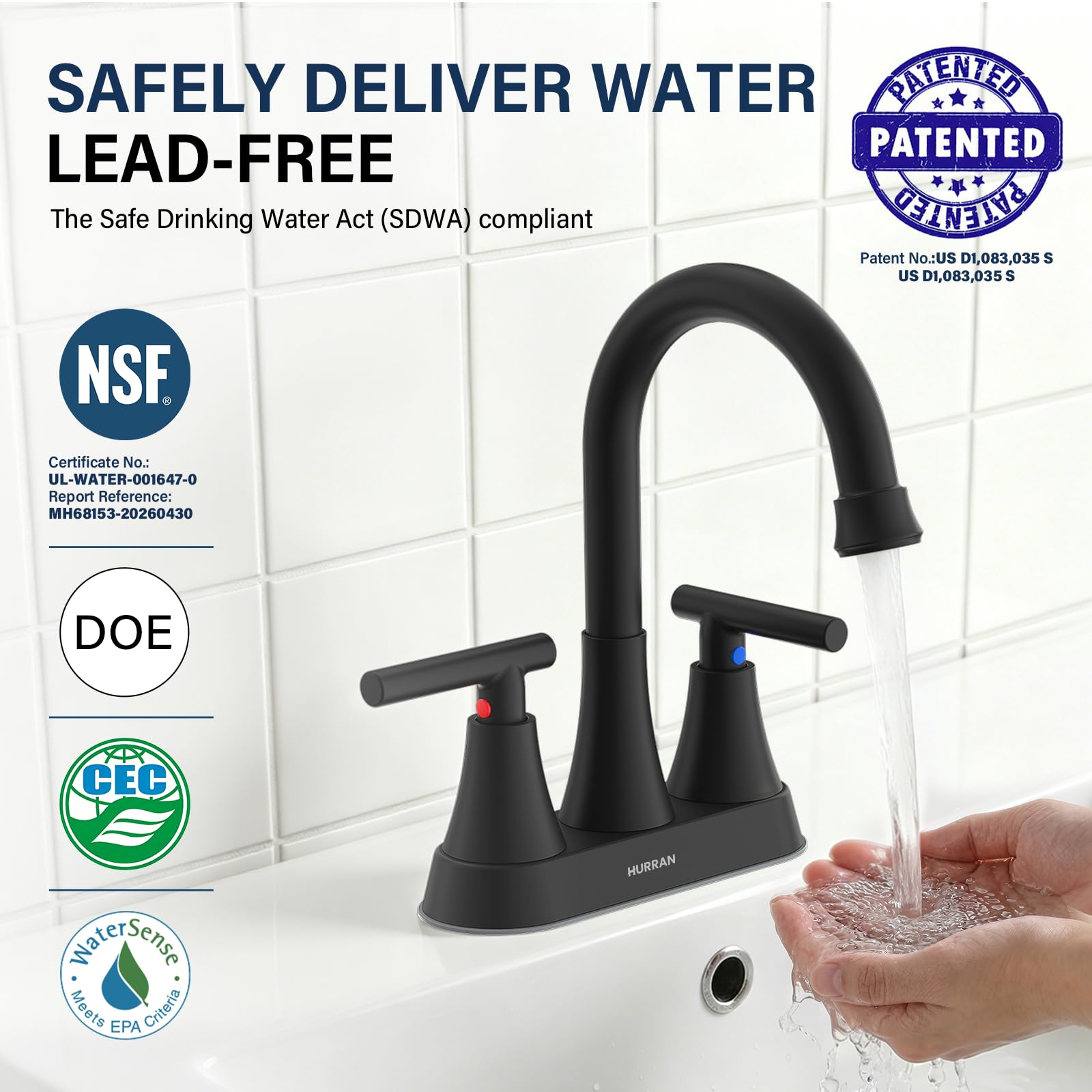 Hurran matte black faucet side profile showing high-arc spout for extra clearance