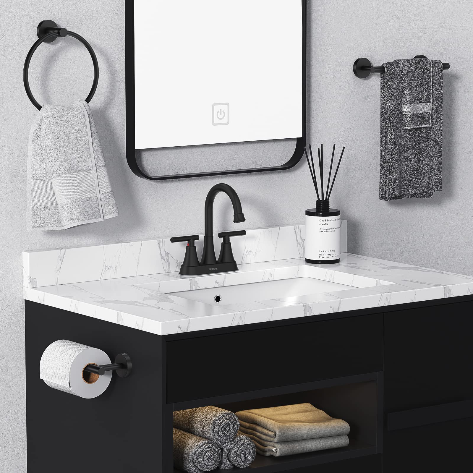 Hurran matte black faucet beside ruler for clear size and spout reach comparison