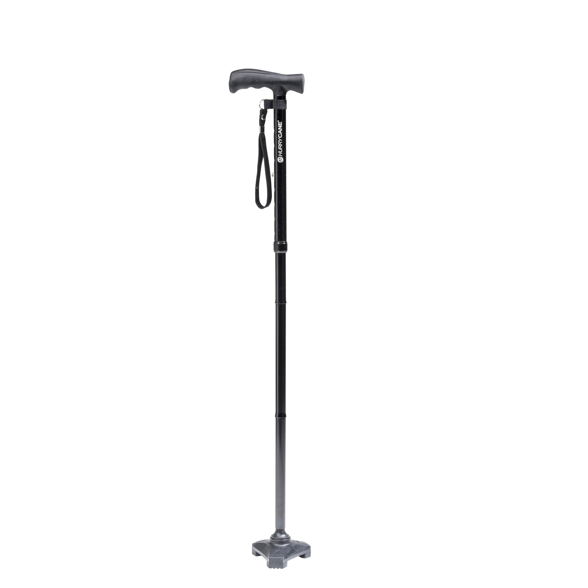 HurryCane Freedom front view showing sturdy base and ergonomic design benefit stability