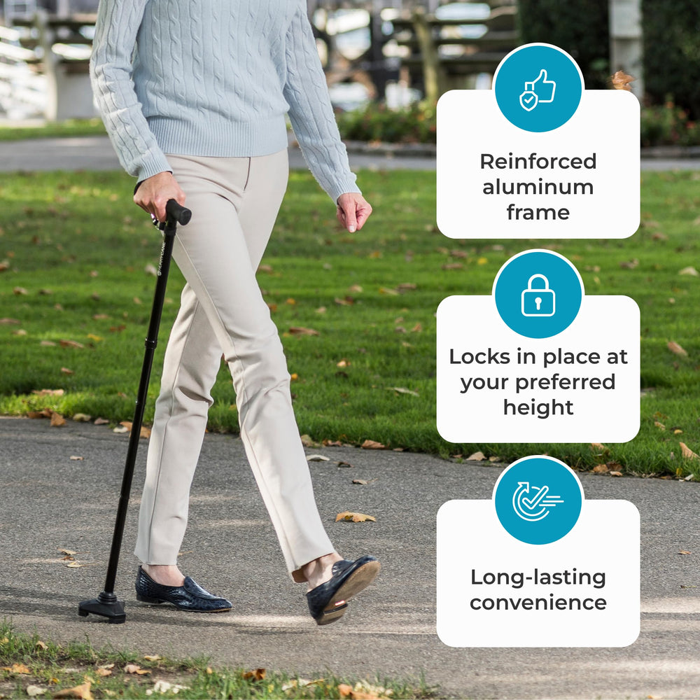 HurryCane in user hand while walking illustrating smoother motion and confidence