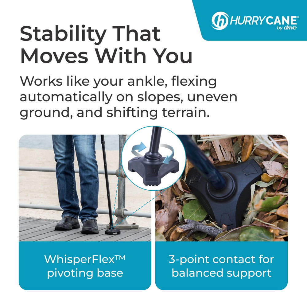 HurryCane T-handle close-up providing comfortable grip for reduced hand fatigue