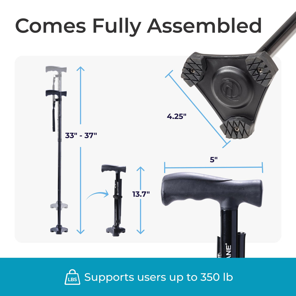 HurryCane next to travel bag to show compact folded size for commuting benefit