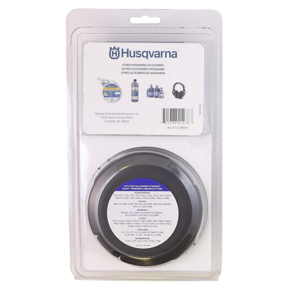 Husqvarna T35 spool close-up showing split design and winding arrows benefits