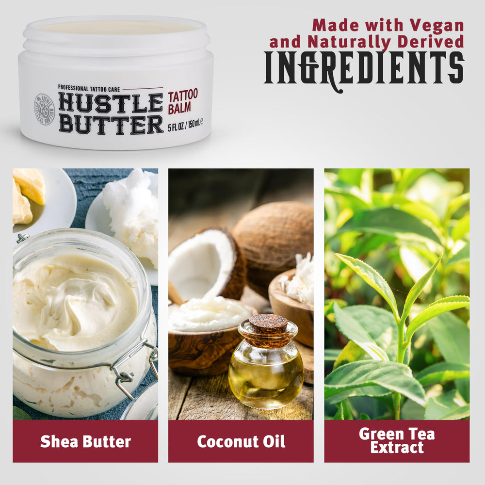Applying Hustle Butter Deluxe on healed tattoo demonstrating gentle hydration and skin comfort