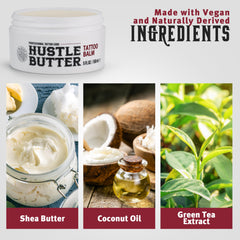 Applying Hustle Butter Deluxe on healed tattoo demonstrating gentle hydration and skin comfort