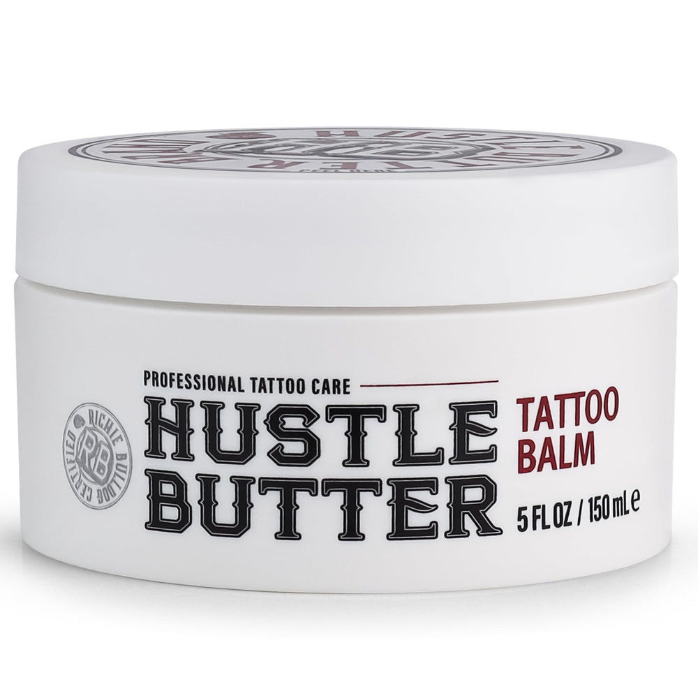 Before and after photo of older tattoo treated with Hustle Butter Deluxe showing improved vibrancy