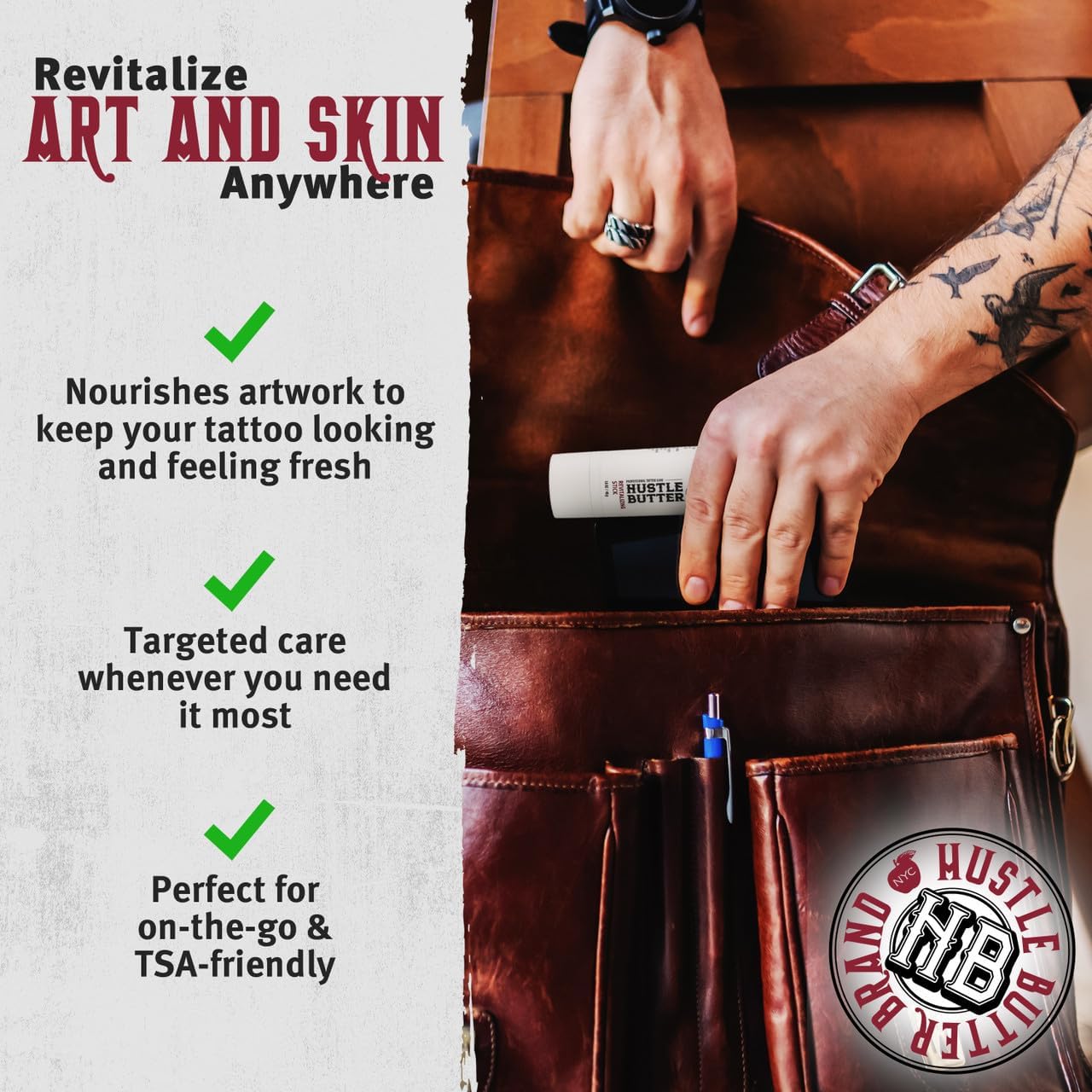 Hustle Butter Deluxe stick being applied to tattoo for quick touch-up