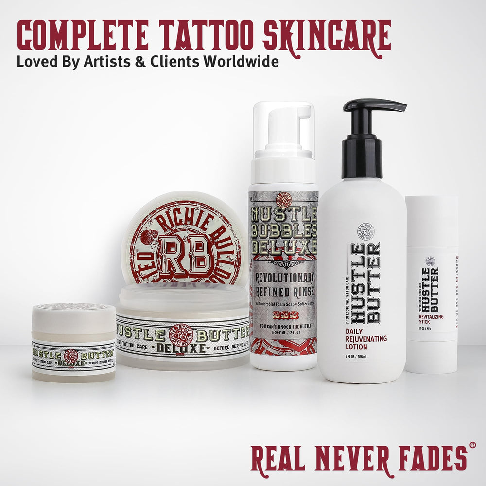 Hustle Butter Deluxe stick flatlay with travel essentials for on-the-go care