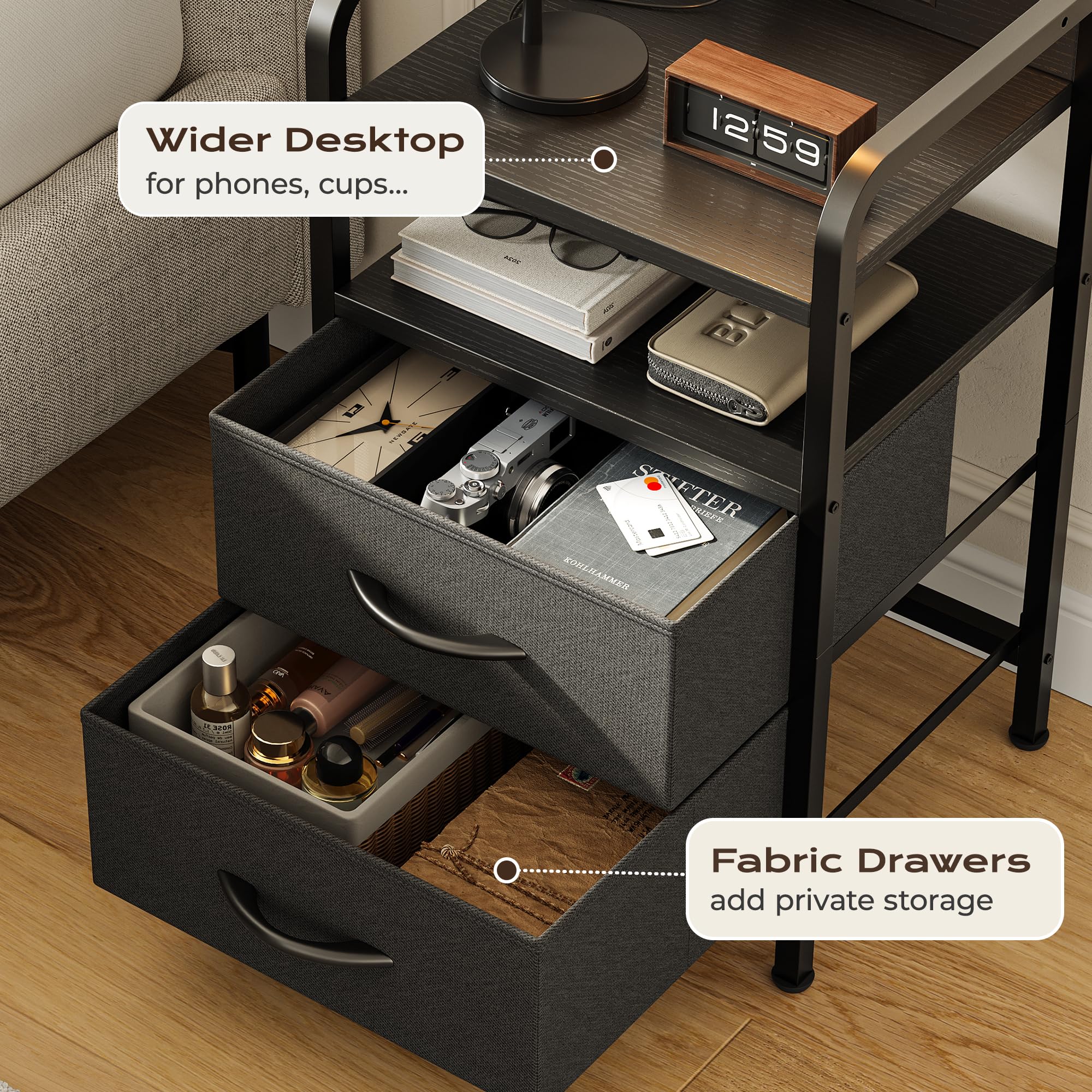 Huuger nightstand in bedroom lifestyle scene improving ambience and functionality