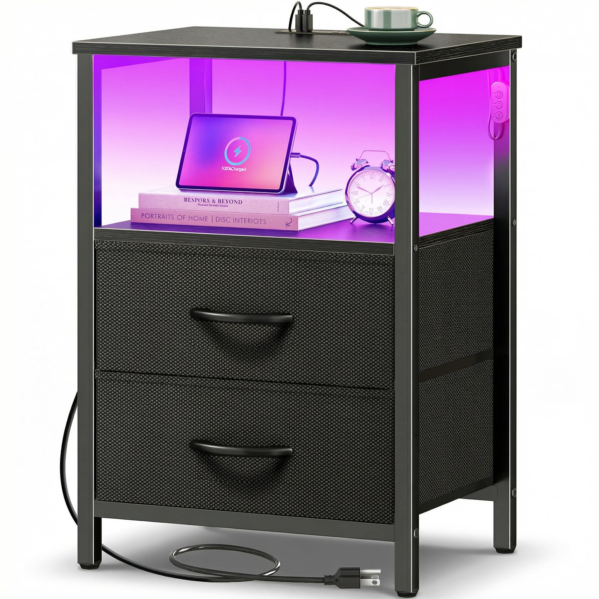 Huuger nightstand front view showing drawers and clean silhouette for tidy bedside