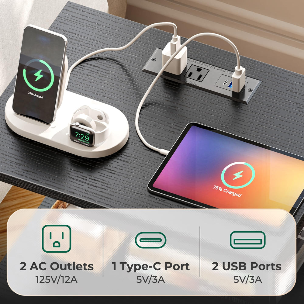 Huuger nightstand side profile with phone charging to illustrate practical use
