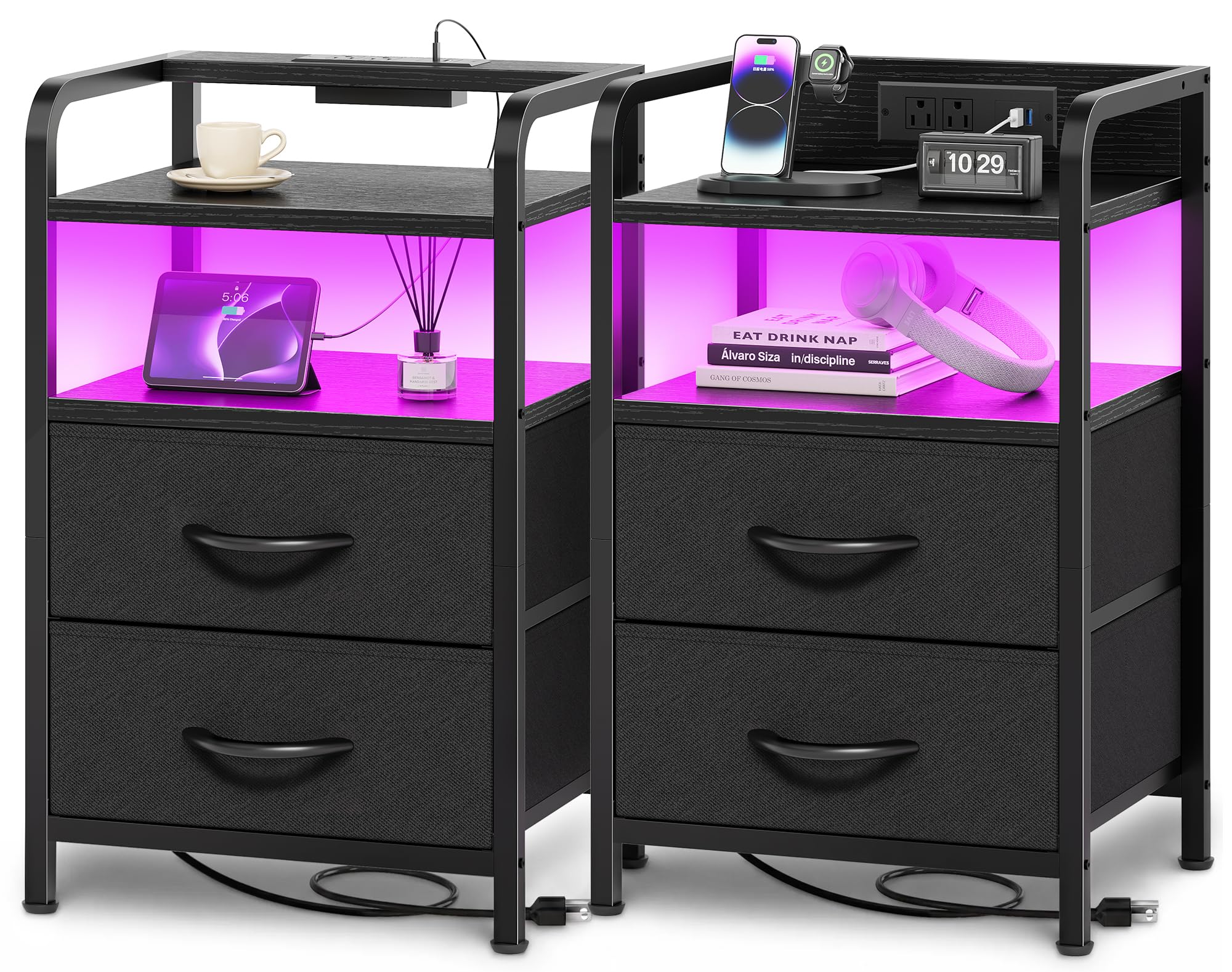 Huuger nightstands front view showing paired modern bedside setup and storage benefit